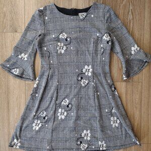 Plaid Houndstooth Floral Bell Sleeve Fit & Flare Dress Sz L-XL